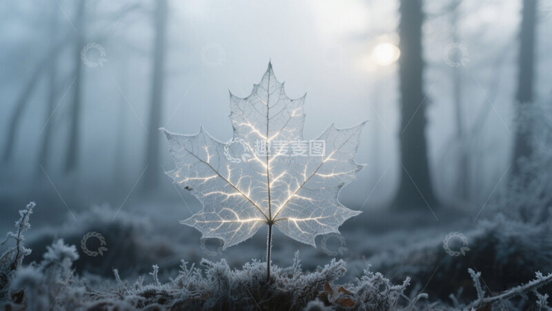 高清大图下载【趣麦麦图】结霜的枫叶脉络霜冻森林雾气弥漫1
