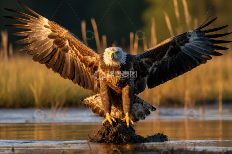 高清大图下载【趣麦麦图】河面上展翅的白头海雕