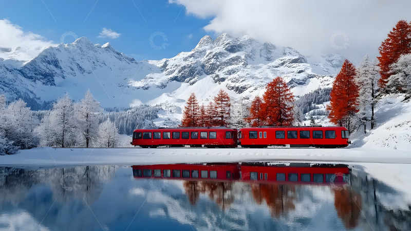 高清大图下载【趣麦麦图】雪地上的红色列车