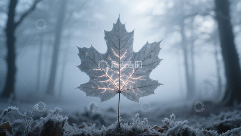 高清大图下载【趣麦麦图】结霜的枫叶脉络霜冻森林雾气弥漫