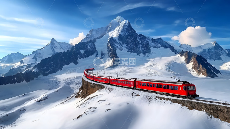 高清大图下载【趣麦麦图】雪地上的红色列车1