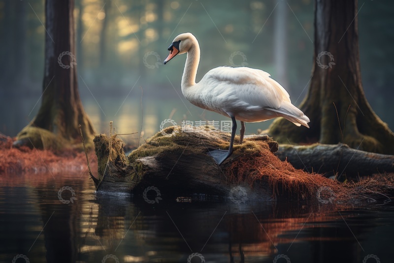 高清大图下载【趣麦麦图】站在湿地枯木上的天鹅