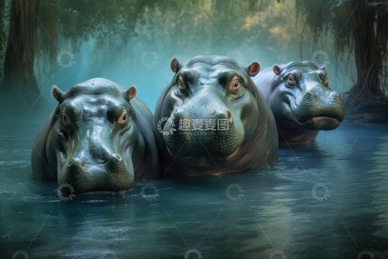 高清大图下载【趣麦麦图】河里的一群河马