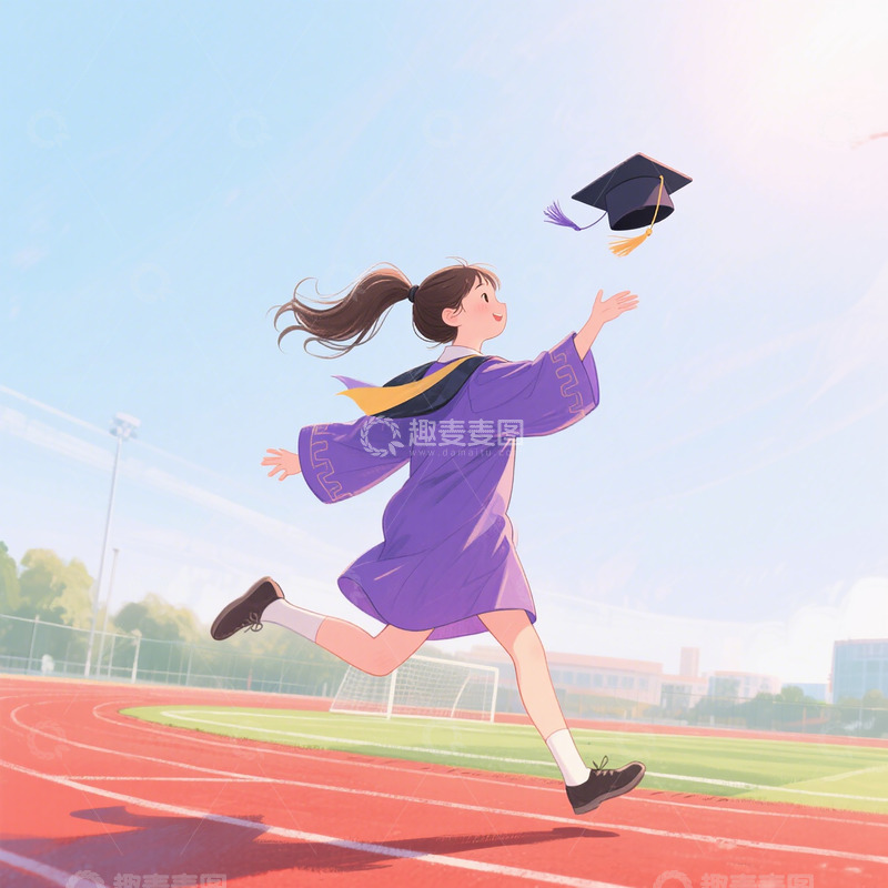 高清大图下载【趣麦麦图】-操场剪影 &middot; 穿着学士服的奔跑