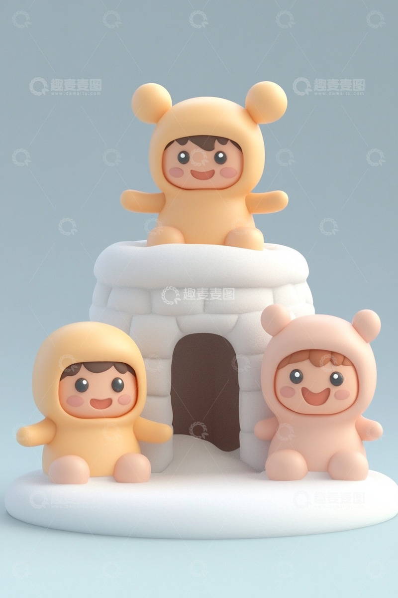 高清大图下载【趣麦麦图】卡通角色与冰屋Ai插画海报背景高清图片素
