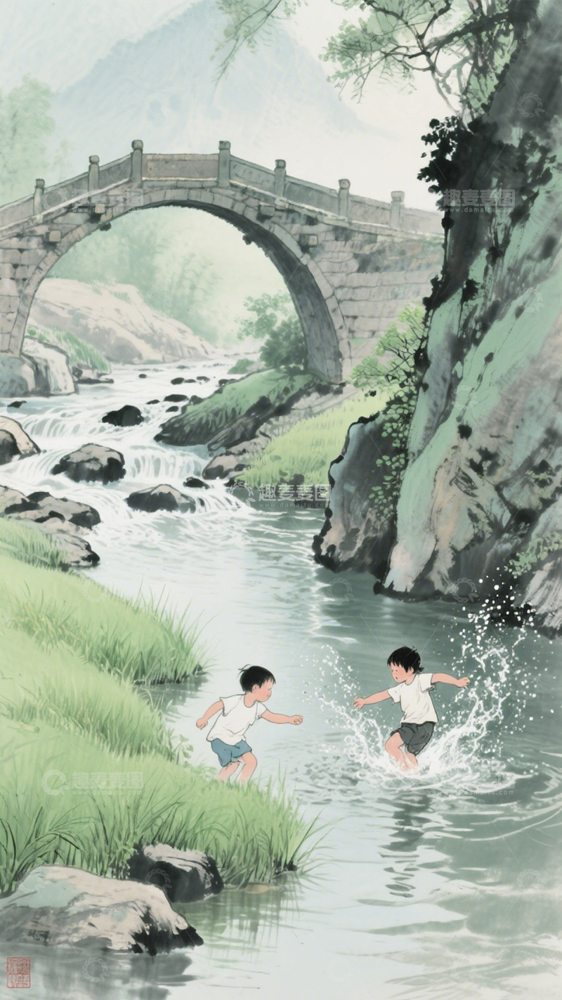 高清大图下载【趣麦麦图】溪间童趣山水纯真2