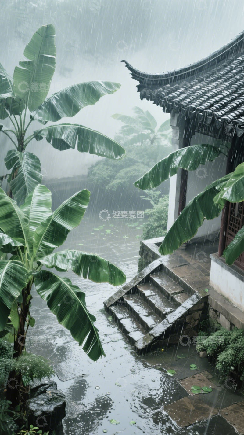 高清大图下载【趣麦麦图】静谧雨中庭院2