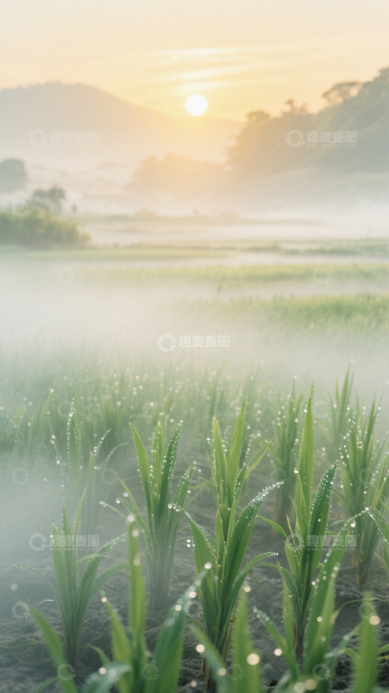 高清大图下载【趣麦麦图】清新晨雾稻田1