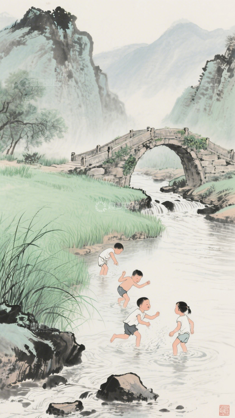 高清大图下载【趣麦麦图】溪间童趣山水纯真3