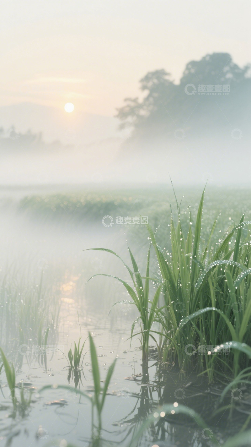 高清大图下载【趣麦麦图】清新晨雾稻田4