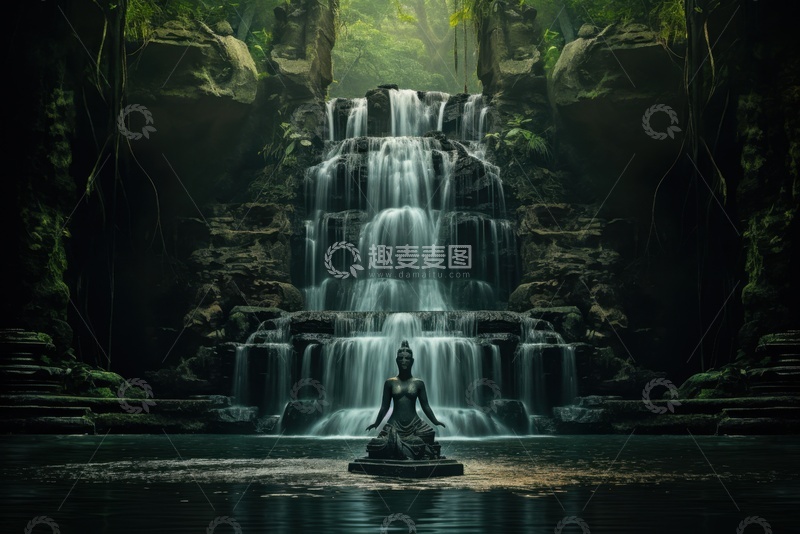 高清大图下载【趣麦麦图】瀑布佛像自然景观