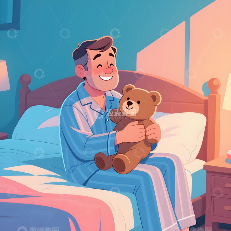 高清大图下载【趣麦麦图】人物素材父亲温馨插画穿着条纹睡衣中年男