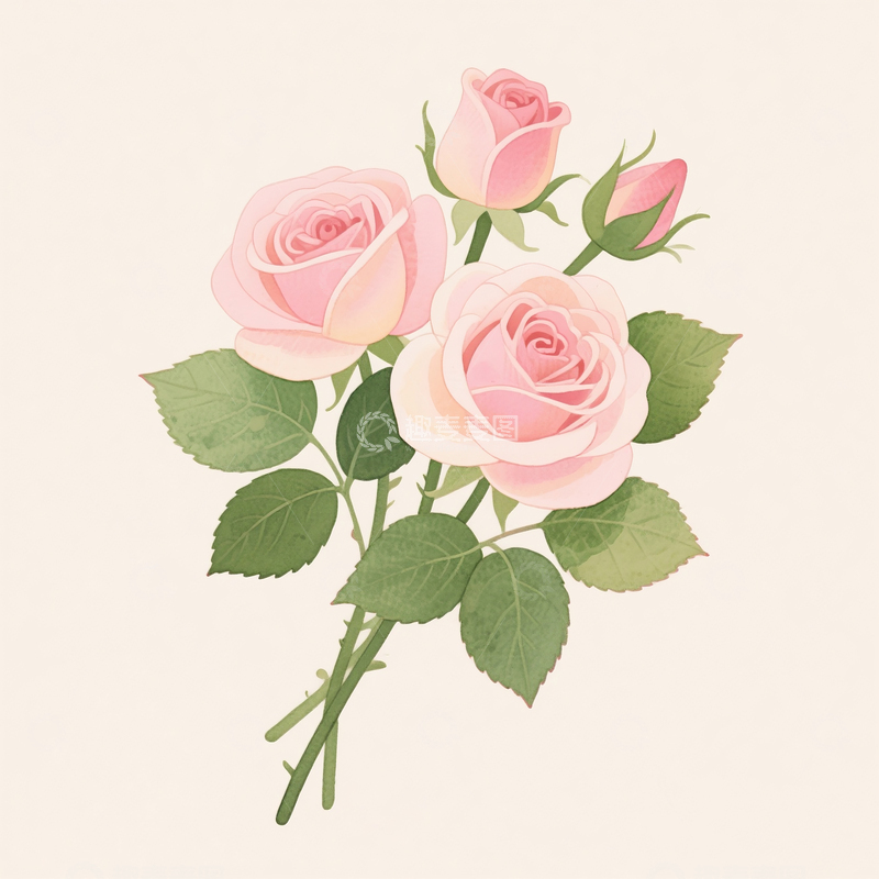 高清大图下载【趣麦麦图】卡通水彩手绘月季花束素材