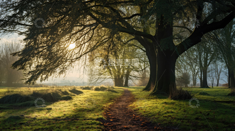 高清大图下载【趣麦麦图】林间小径的宁静日出AI插画摄影照片高清图