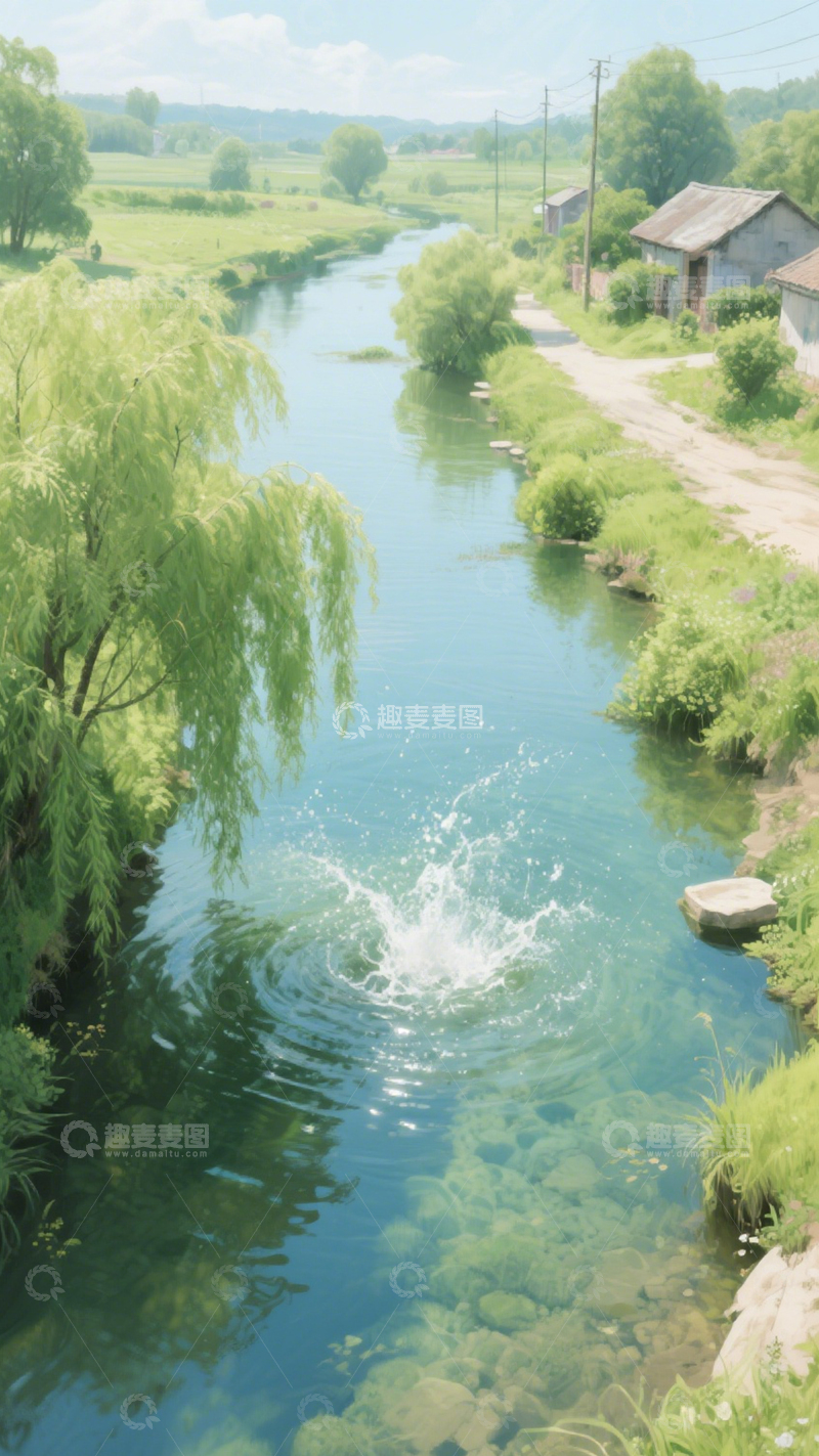 高清大图下载【趣麦麦图】垂柳水花乡村溪流3