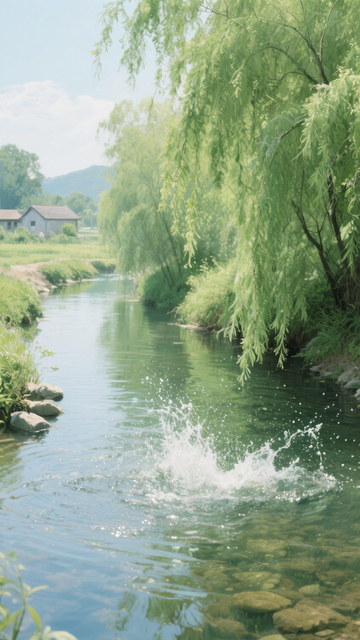 垂柳水花乡村溪流1