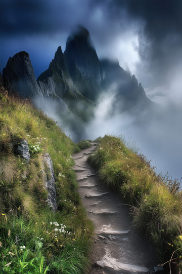 薄雾弥漫的山岳风光AI插画摄影照片高清图