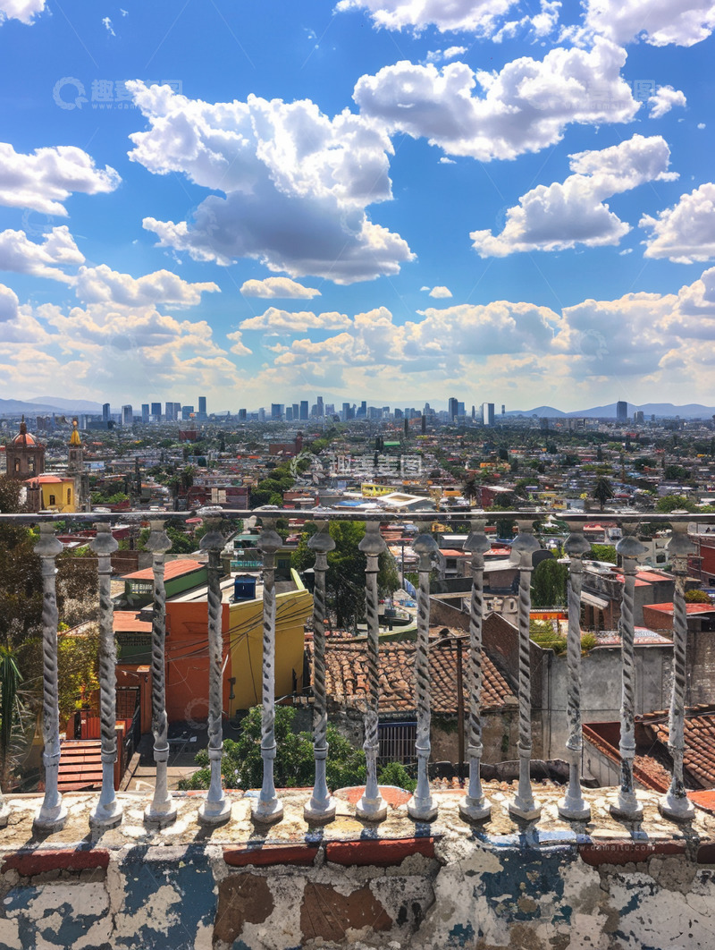 高清大图下载【趣麦麦图】带华丽栏杆的城市全景AI插画摄影照片高清1