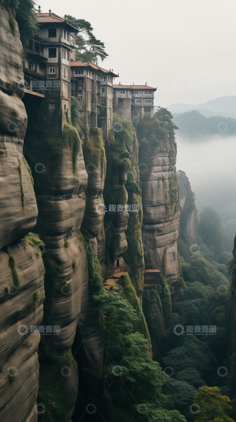 高清大图下载【趣麦麦图】悬崖边的古老圣所AI插画摄影照片高清图片1