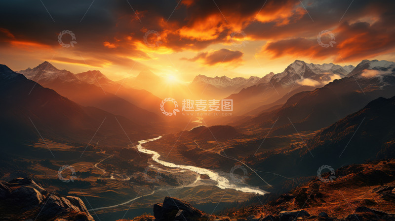 高清大图下载【趣麦麦图】崎岖群峰上的日落宁静AI插画摄影照片高清