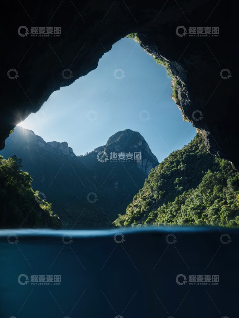 高清大图下载【趣麦麦图】洞穴框景中的风景AI插画摄影照片高清图片