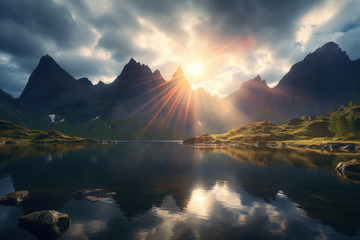 旭日初升的山岳雄伟AI插画摄影照片高清图