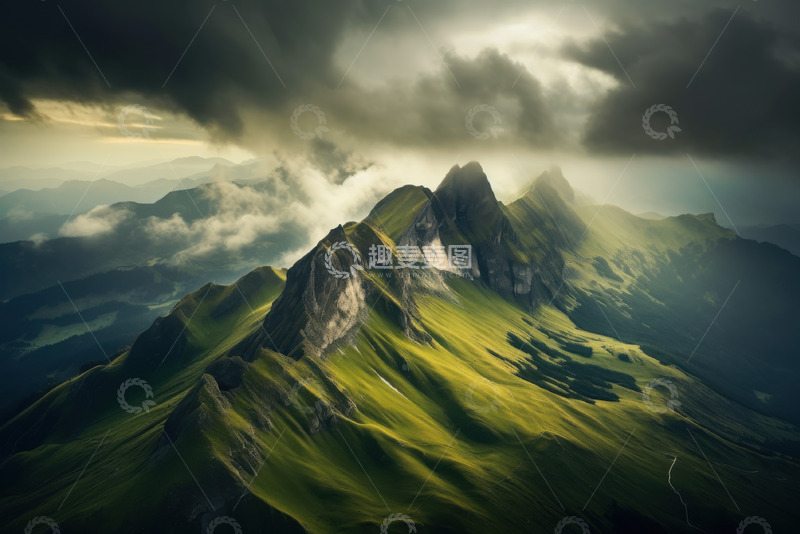 高清大图下载【趣麦麦图】阴郁天空下的壮丽山岳AI插画摄影照片高清