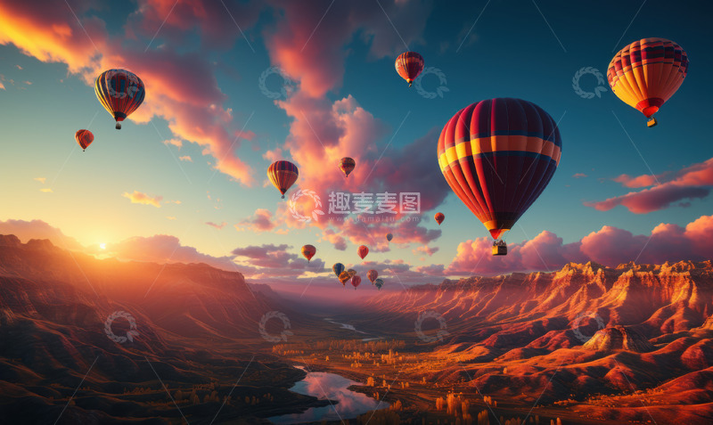 高清大图下载【趣麦麦图】山岳地形上日出热气球升空AI插画摄影照片