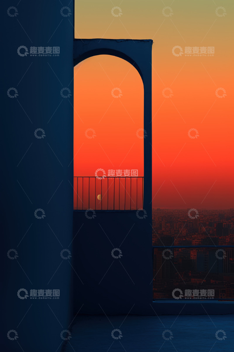 高清大图下载【趣麦麦图】拱门下的日落宁静AI插画摄影照片高清图片