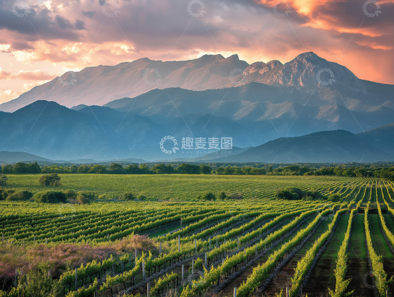高清大图下载【趣麦麦图】葡萄园与山岳间的黄金时刻AI插画摄影照片