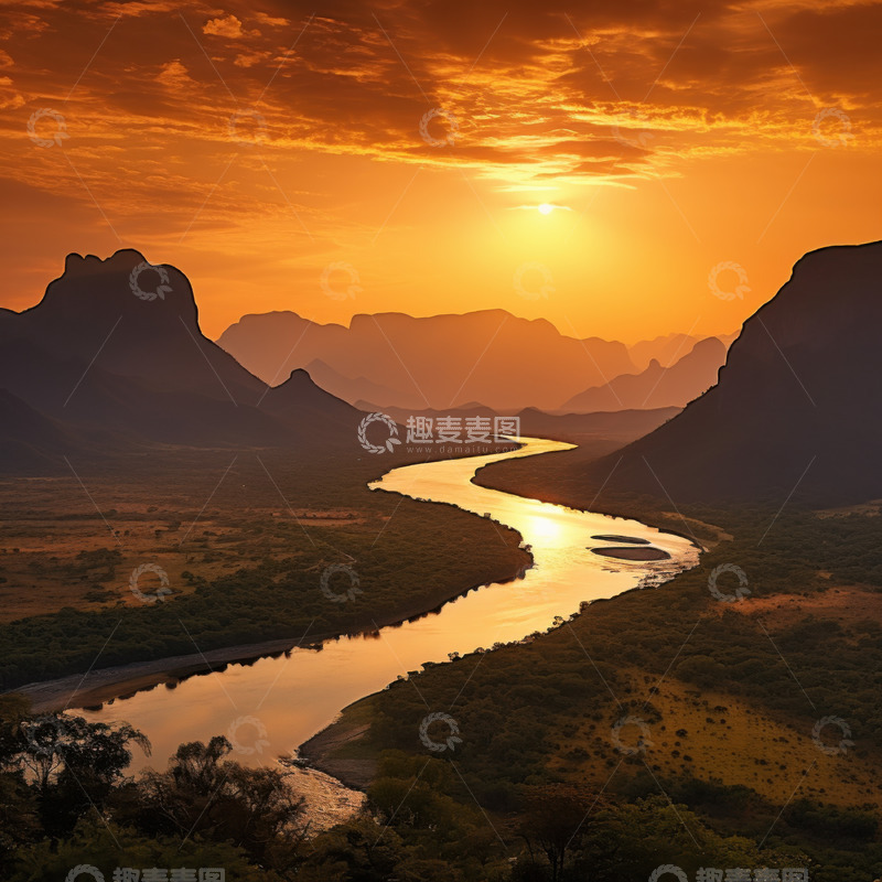 高清大图下载【趣麦麦图】蜿蜒河边的金色暮光AI插画摄影照片高清图