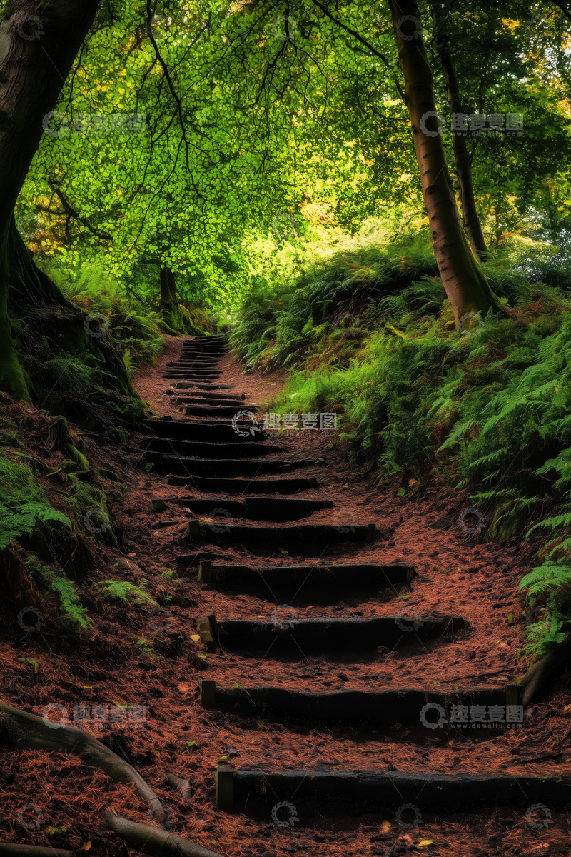 高清大图下载【趣麦麦图】宁静的林间小径AI插画摄影照片高清图片素