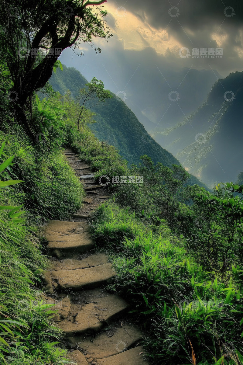 高清大图下载【趣麦麦图】宁静的山岳小径AI插画摄影照片高清图片素