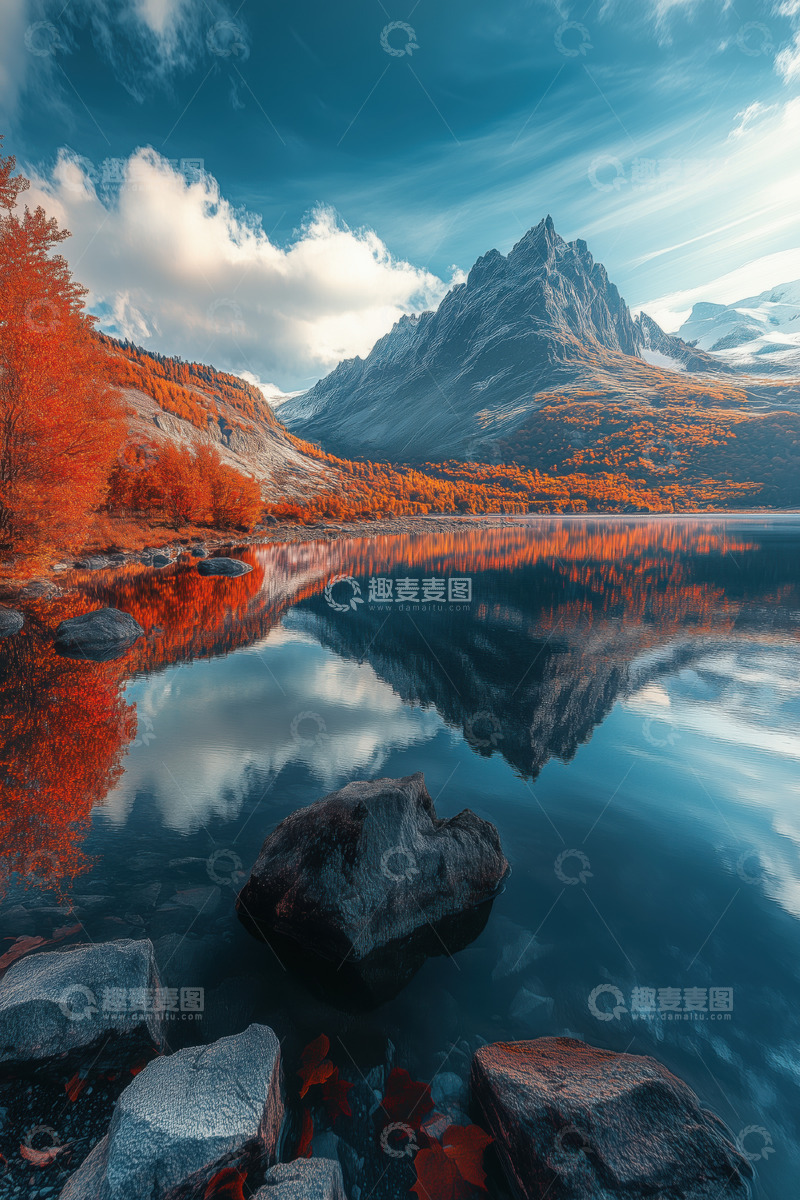 高清大图下载【趣麦麦图】秋日湖泊景观AI插画摄影照片高清图片素材