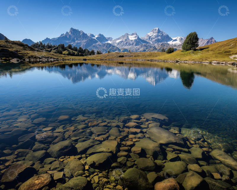 高清大图下载【趣麦麦图】宁静的高山湖泊AI插画摄影照片高清图片素