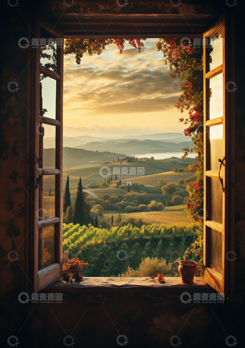 高清大图下载【趣麦麦图】乡村窗景中的日落AI插画摄影照片高清图片