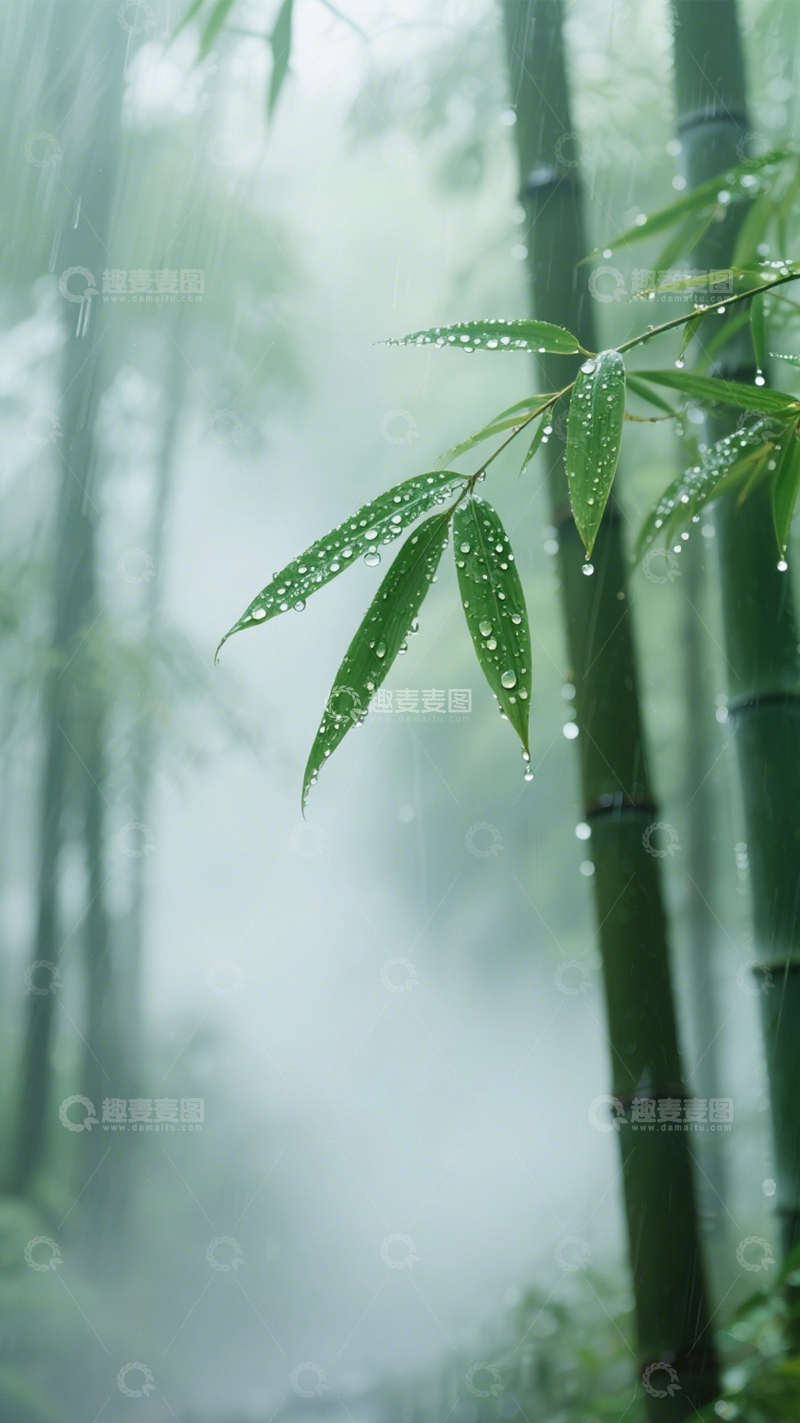 高清大图下载【趣麦麦图】竹林雨景水滴雅韵2