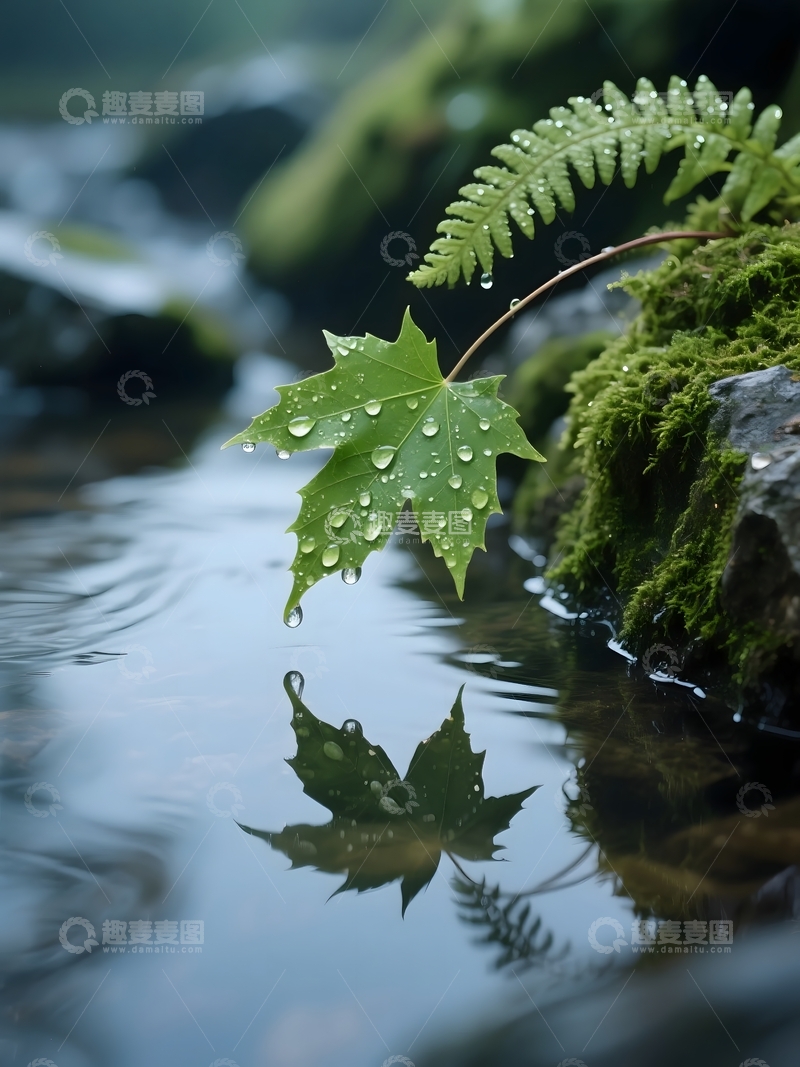 高清大图下载【趣麦麦图】溪畔叶露的清新意境2