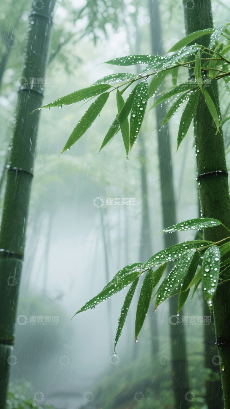 高清大图下载【趣麦麦图】竹林雨景水滴雅韵1