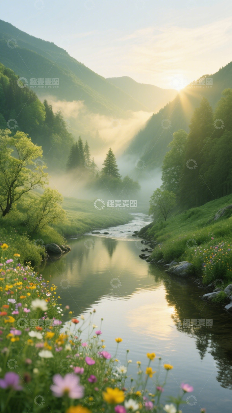 高清大图下载【趣麦麦图】山谷溪流花海胜景1