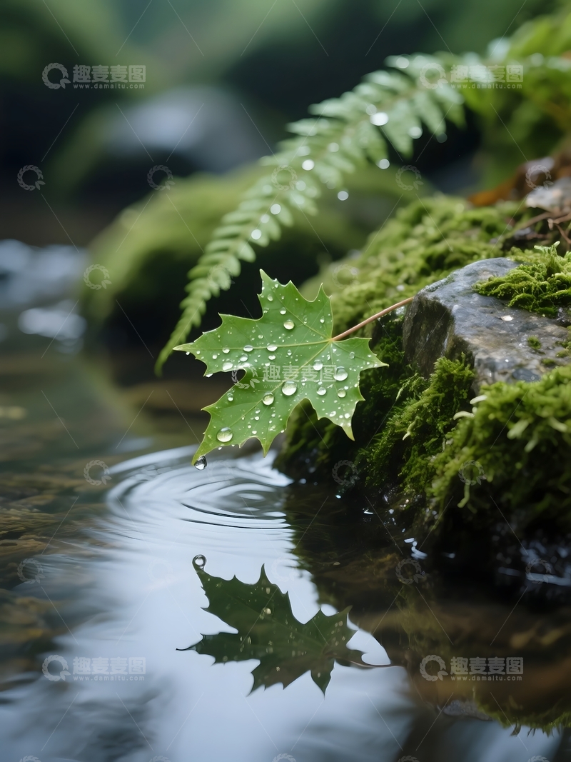 高清大图下载【趣麦麦图】溪畔叶露的清新意境