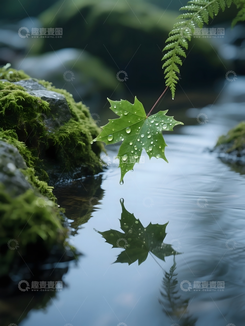 高清大图下载【趣麦麦图】溪畔叶露的清新意境3