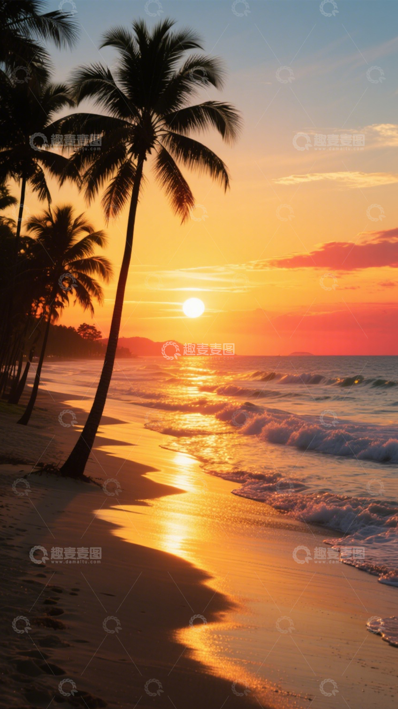 高清大图下载【趣麦麦图】海滩落日椰树胜境1
