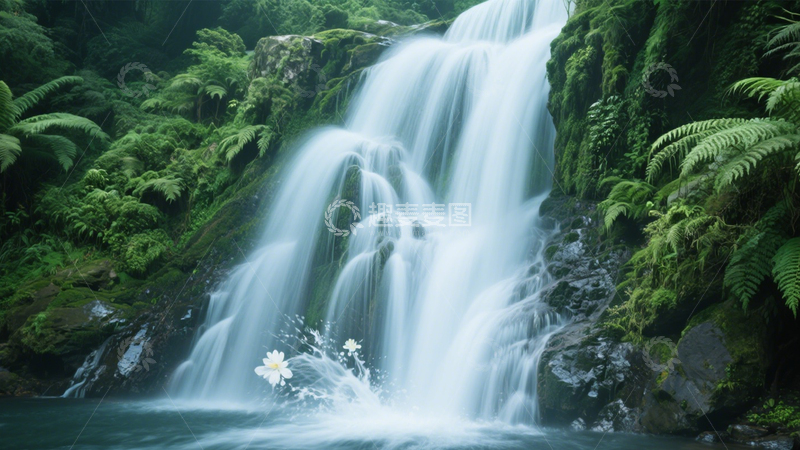 高清大图下载【趣麦麦图】雨林瀑布蕨类幽境3