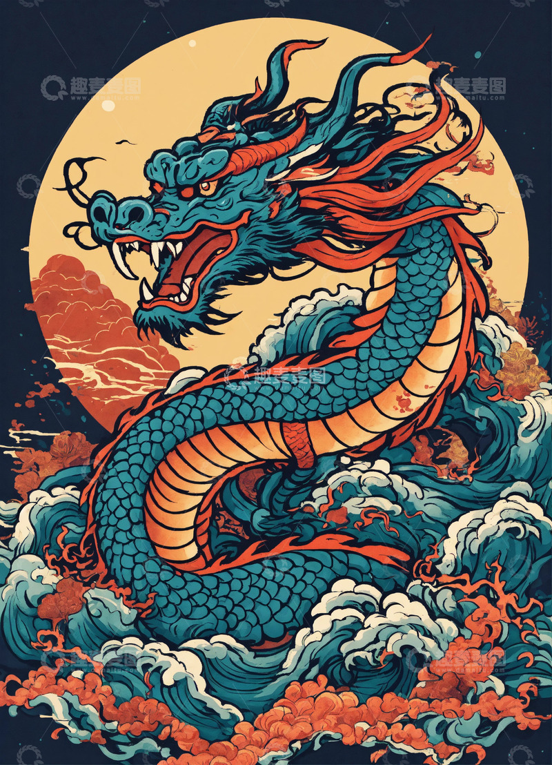 高清大图下载【趣麦麦图】中国神龙插画街头T恤毛衣高清AI插画高清1