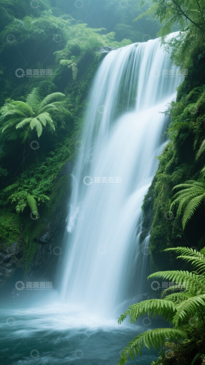 高清大图下载【趣麦麦图】雨林瀑布蕨类幽境2