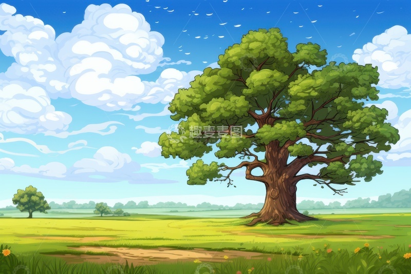 高清大图下载【趣麦麦图】卡通简约绿色的大树自然风景