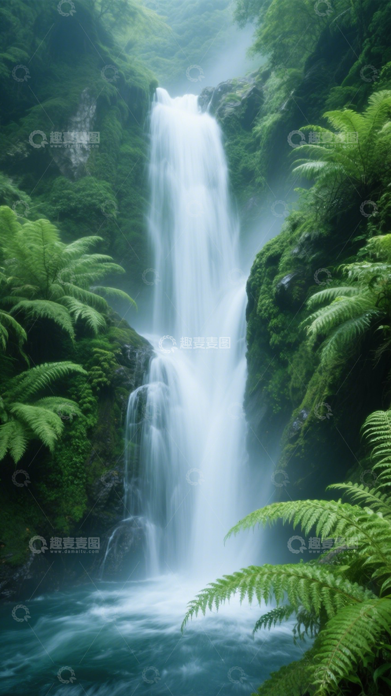 高清大图下载【趣麦麦图】雨林瀑布蕨类幽境1