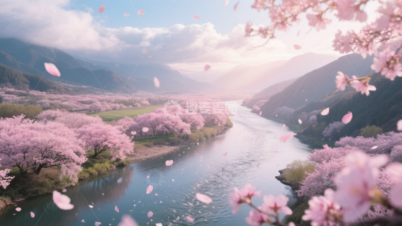 高清大图下载【趣麦麦图】樱花河流山峦盛景4