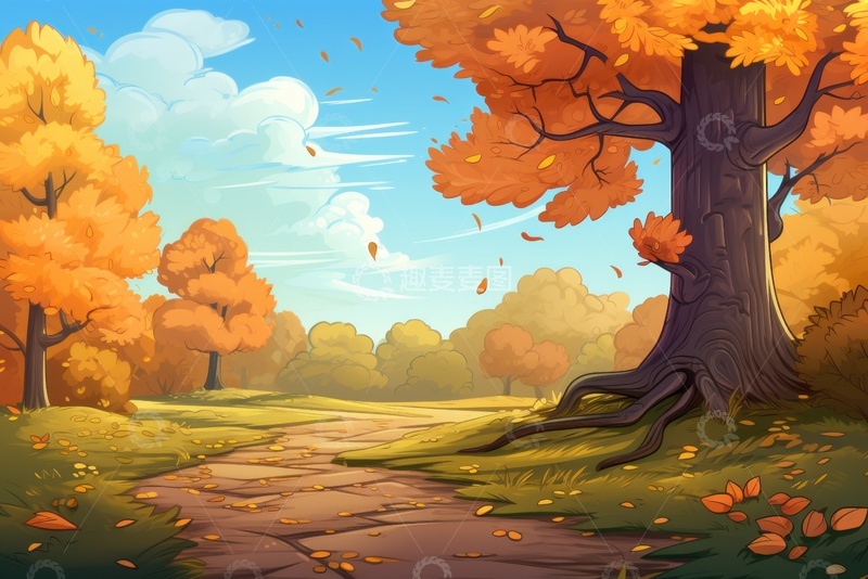 高清大图下载【趣麦麦图】秋季树林插画风景